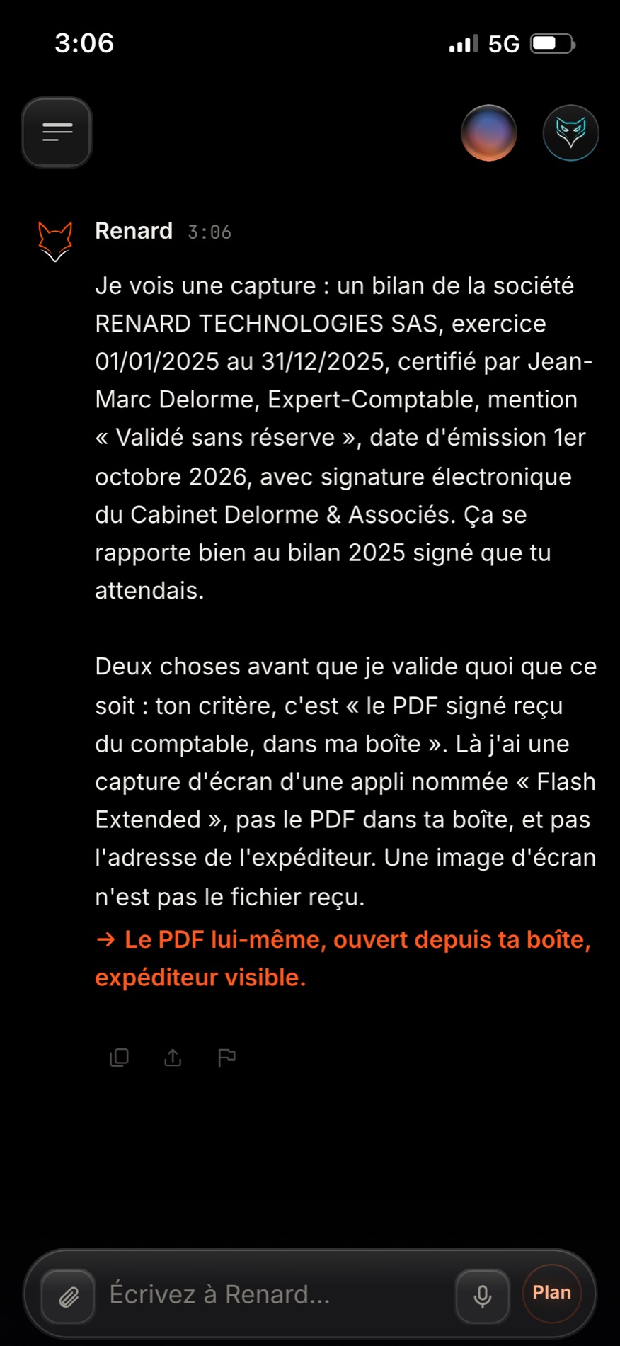 Renard lit la capture d'un bilan signé et refuse : une image d'écran n'est pas le fichier reçu ; il demande le PDF ouvert depuis la boîte, expéditeur visible.
