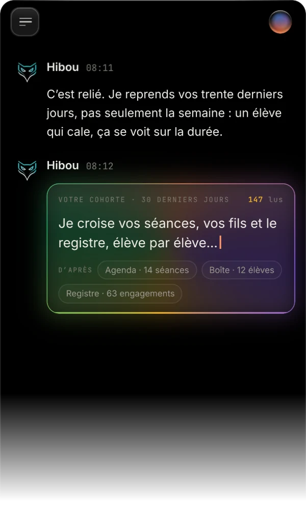 Hibou croise quatorze séances, douze élèves et soixante-trois engagements.