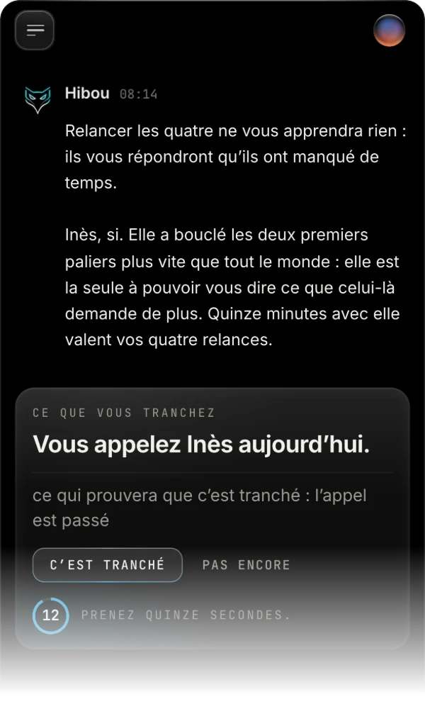 Hibou pose la décision à prendre et lance son chronomètre.